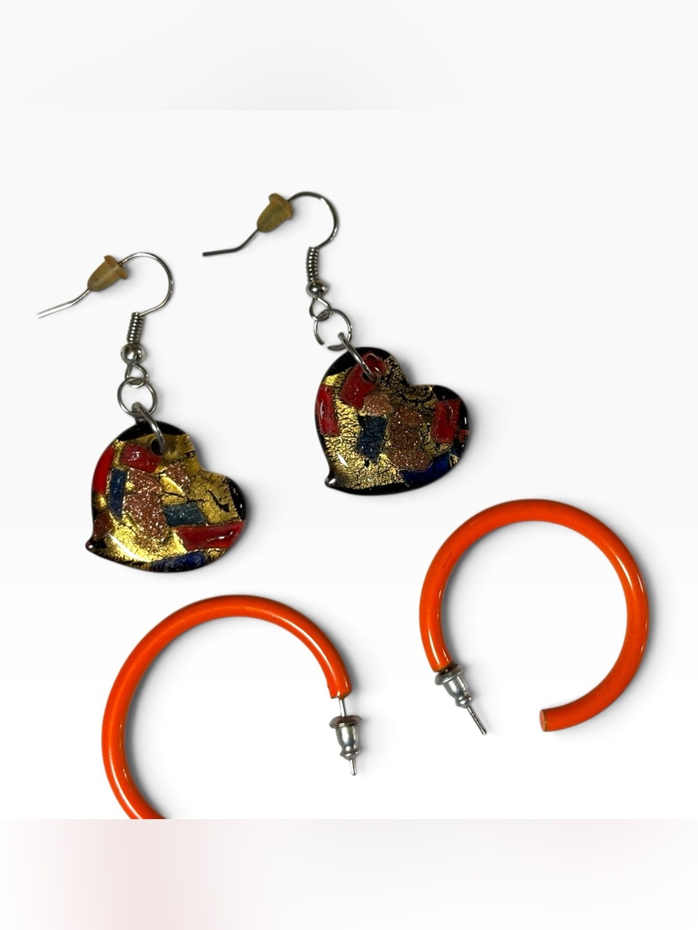 Lot 2 Pairs Vintage Earrings Murano Style Glass Hearts Orange Enamel Hoops 80s